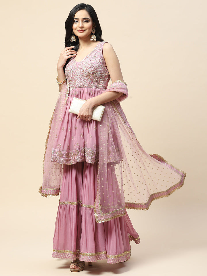 Resham Sequin Embroidered Georgette Kurta With Palazzo &amp; Dupatta
