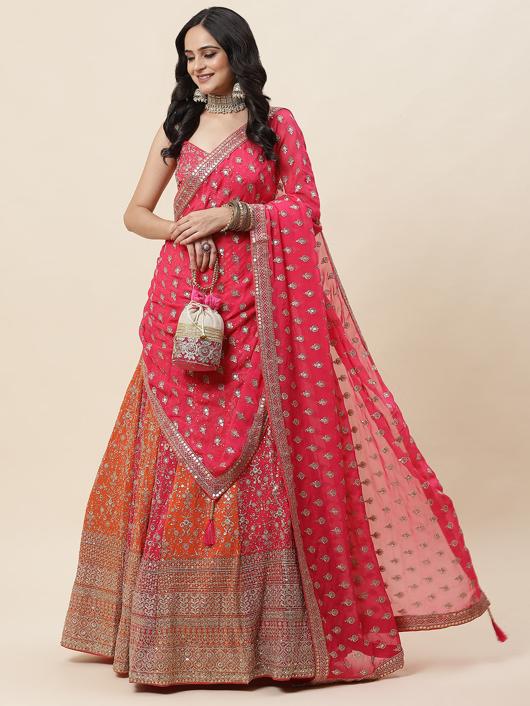 Zari Embroidered Georgette Choli With Lehenga & Dupatta
