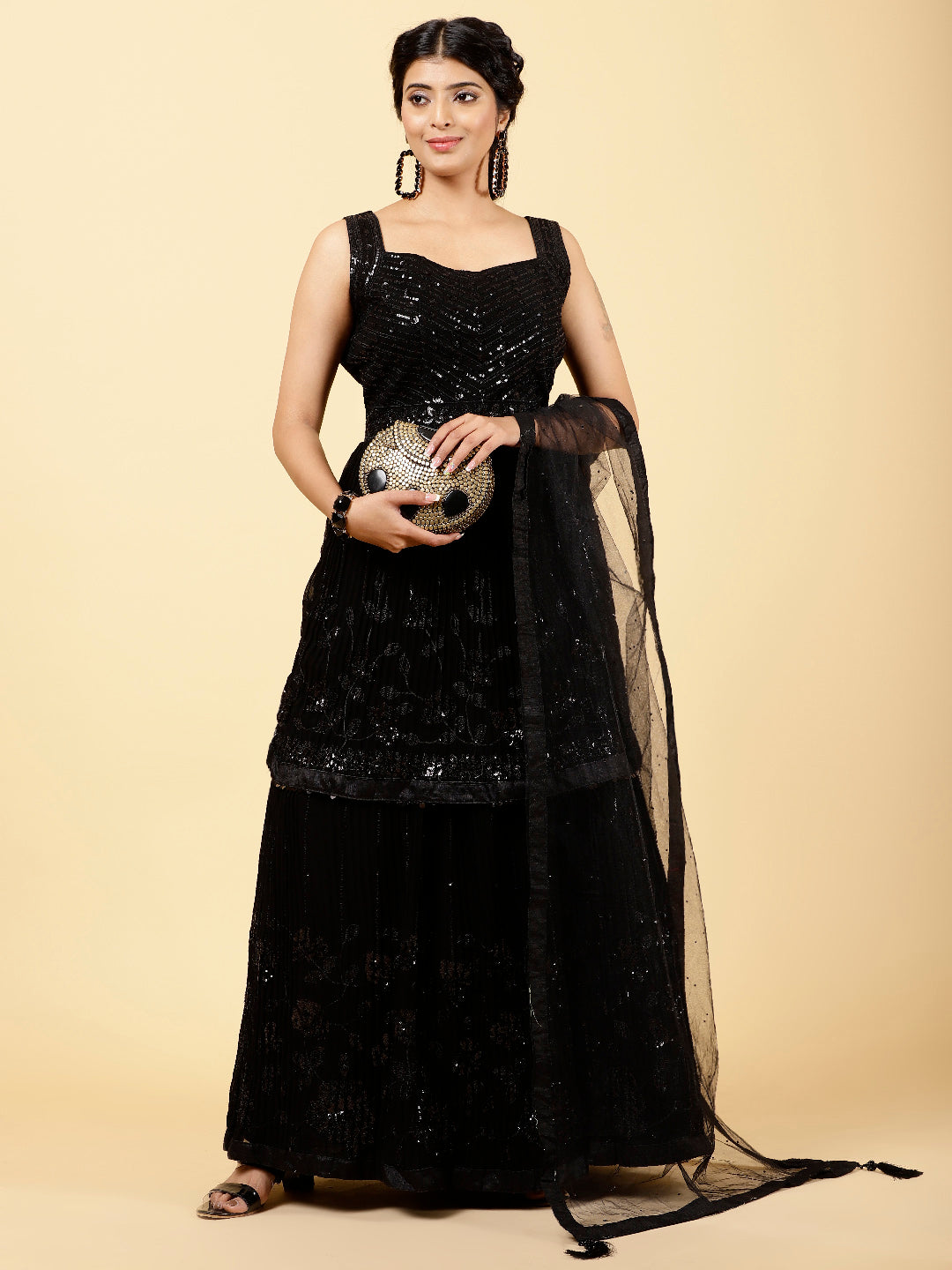 Sequin Embroidered Georgette Choli With Lehenga &amp; Dupatta