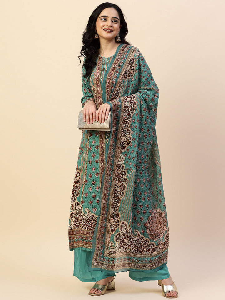 Digital Printed Crepe Kurta With Palazzo &amp; Dupatta