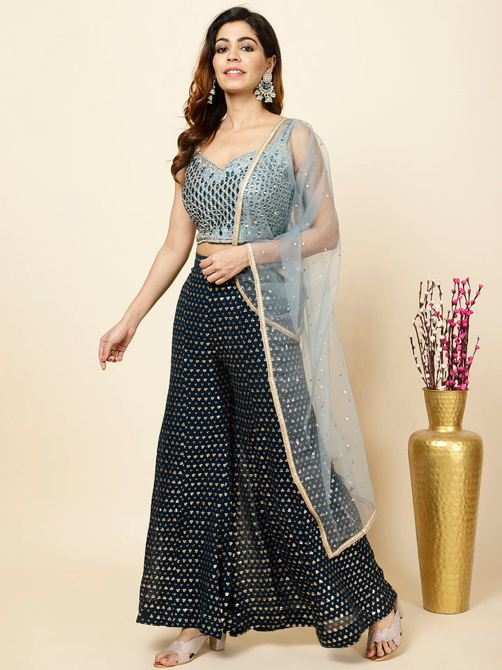 Mirror Work Embroidered Georgette Crop Top With Sharara &amp; Dupatta
