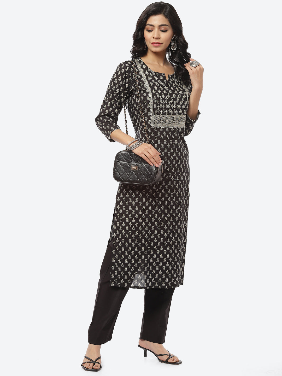 Printed Zari Neck Cotton Kurti With Pant