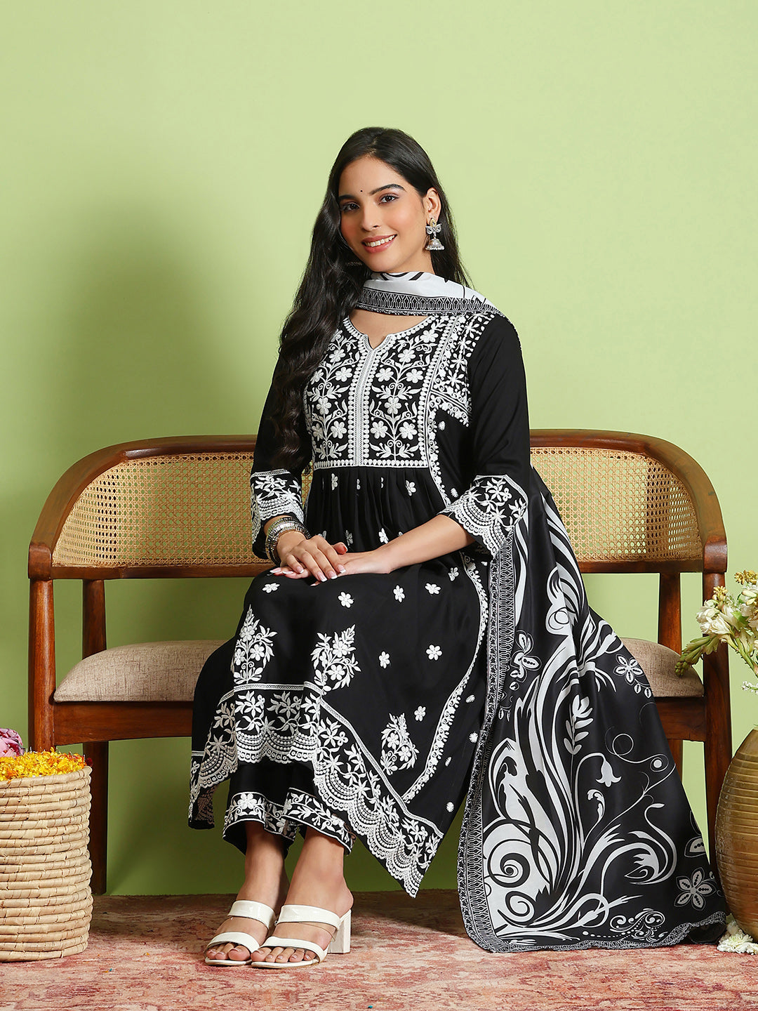 Embroidered Cotton Kurta With Pant &amp; Dupatta