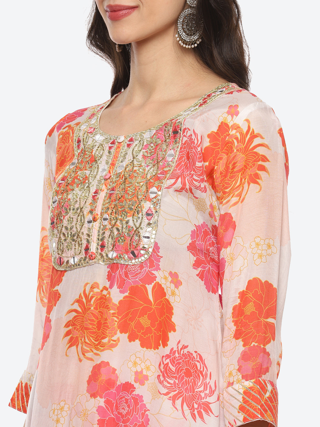 Floral Printed Cotton Kurta With Garara &amp; Dupatta