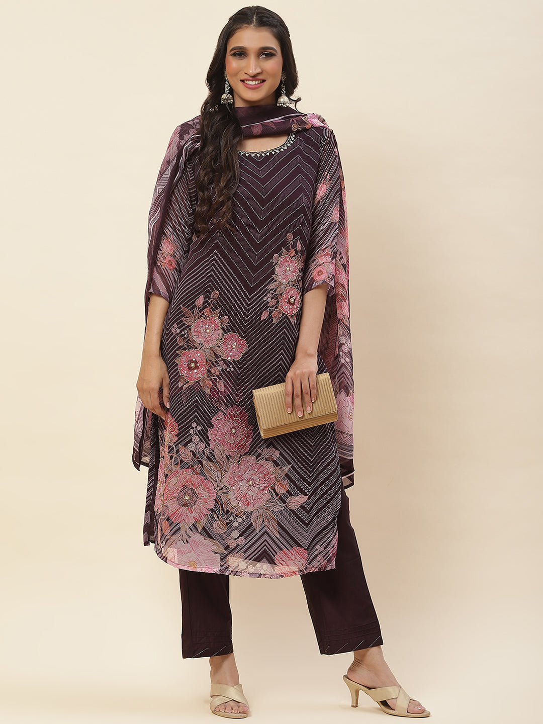 Floral Printed Georgette Kurta With Pants &amp; Dupatta