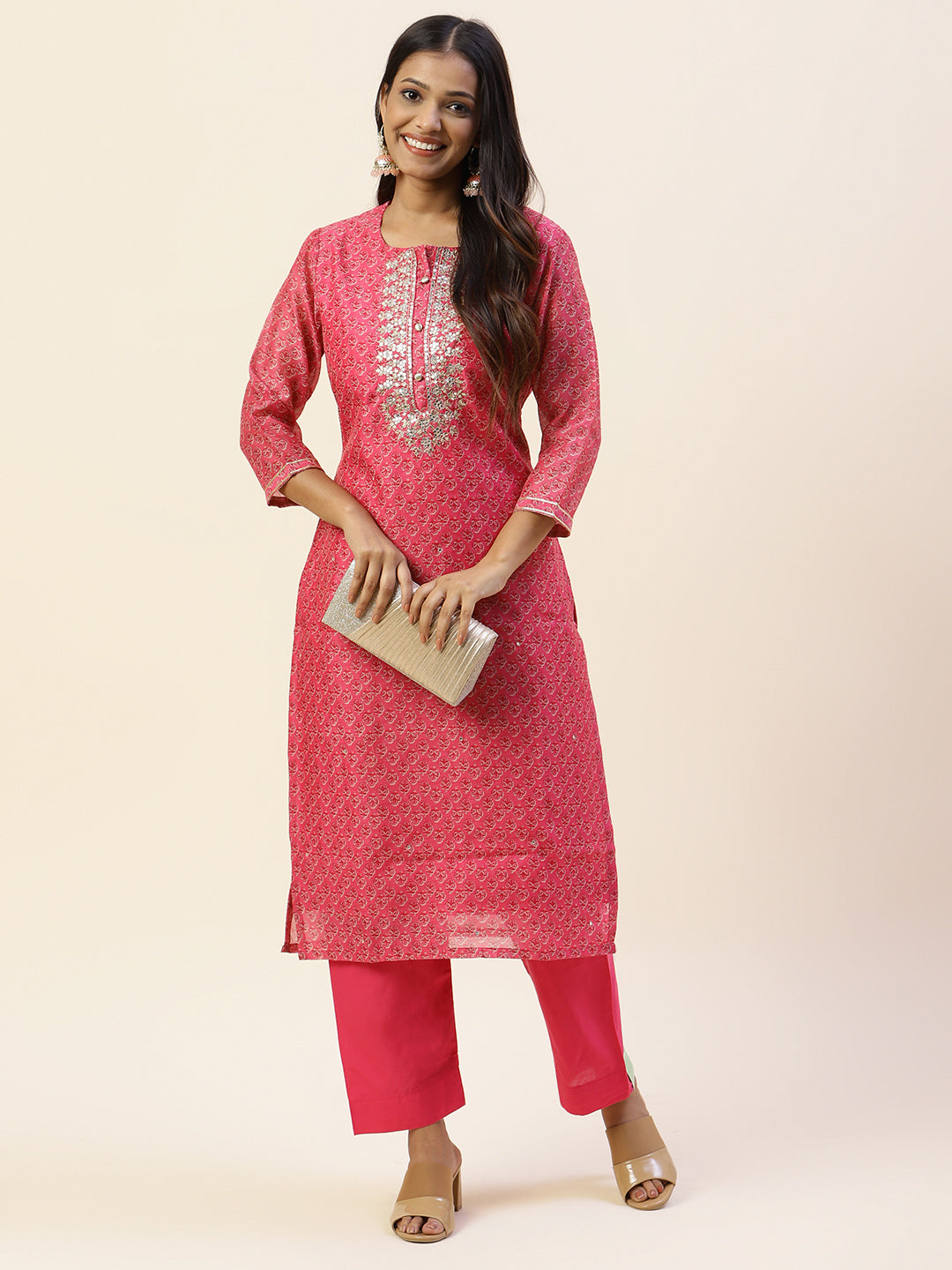Printed &amp; Yoke Embroidered Chanderi Kurta With Pants