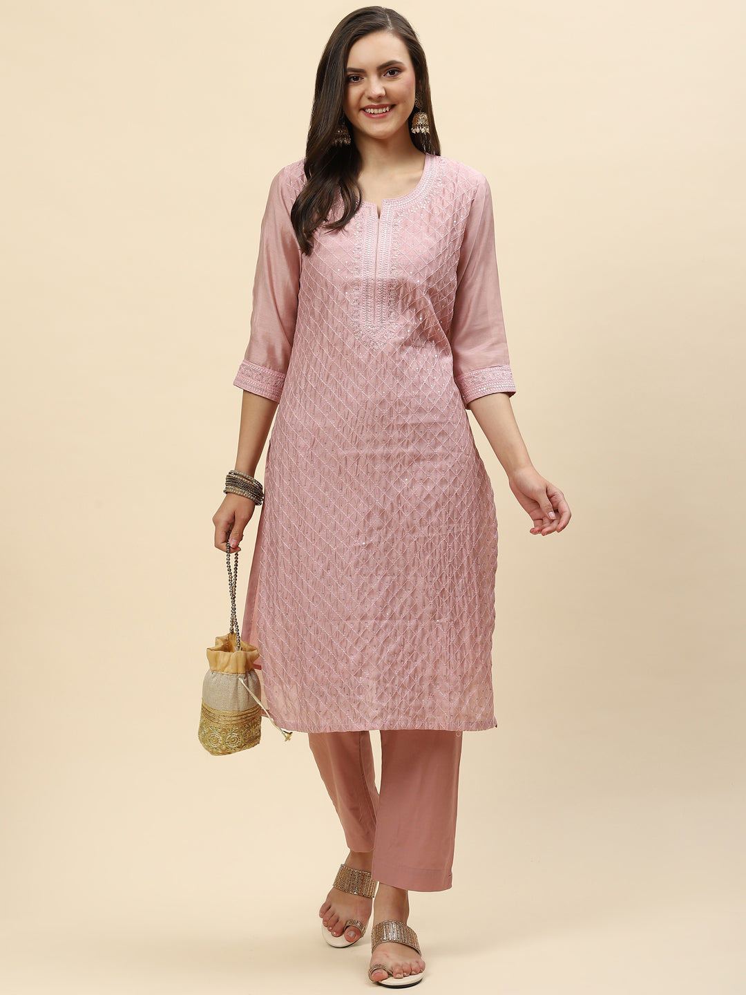Sequin Embroidered Chanderi Kurta With Pants