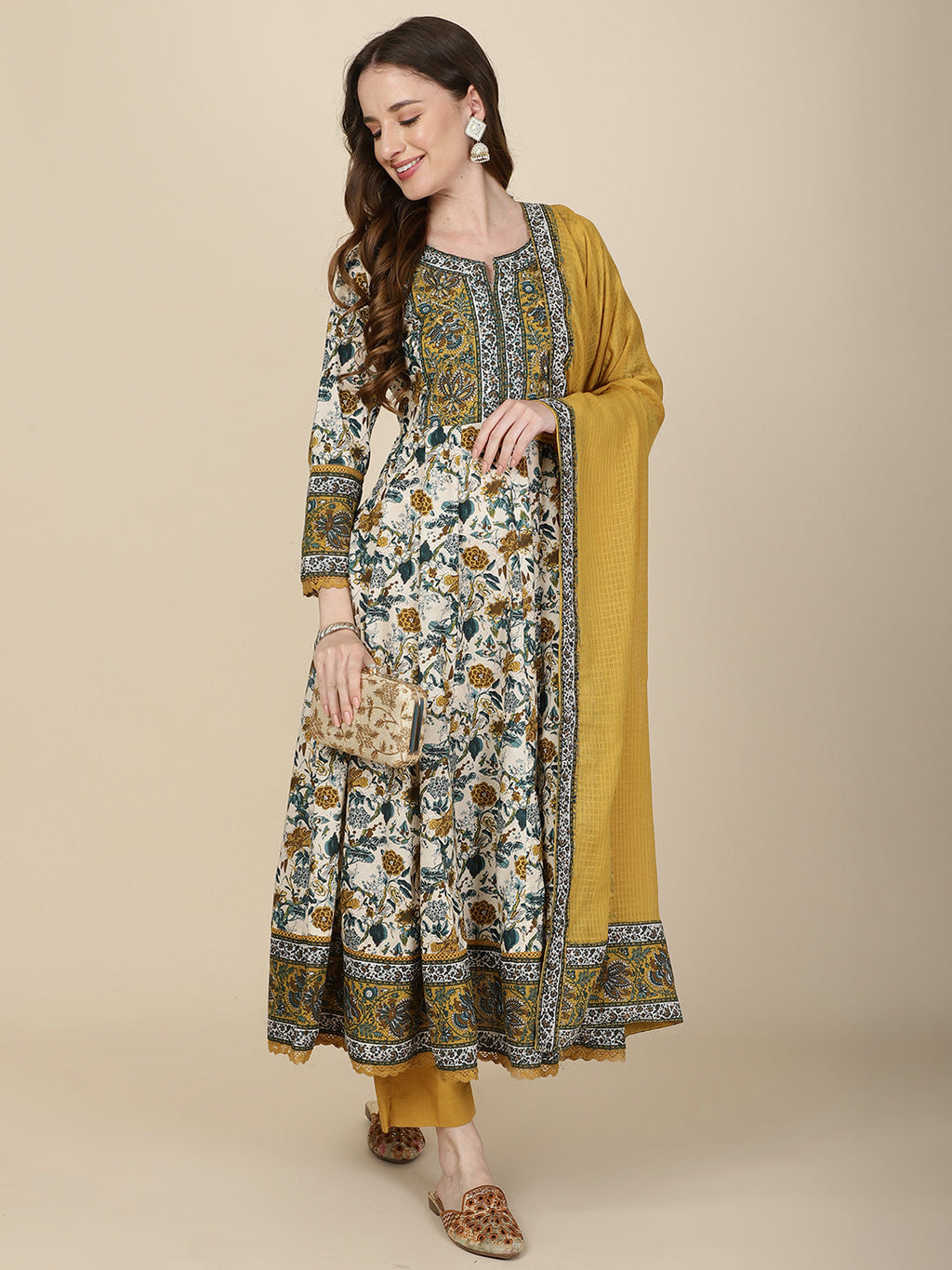 Floral Printed Cotton Kurta With Pants & Dupatta