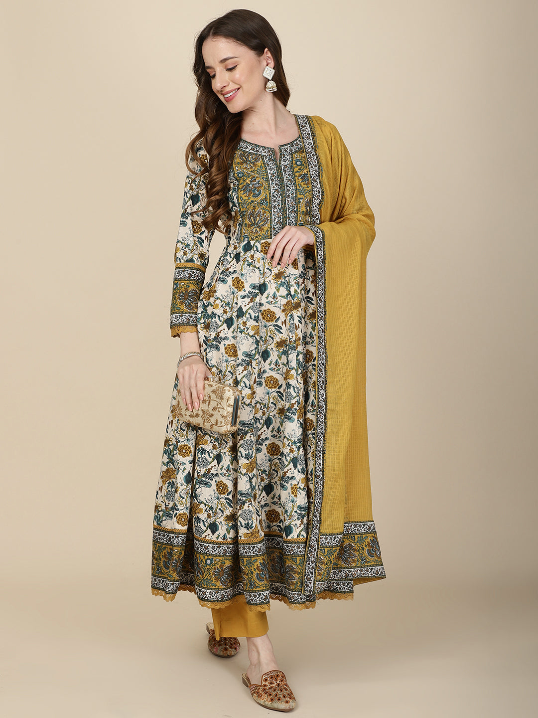 Floral Printed Cotton Kurta With Pants & Dupatta
