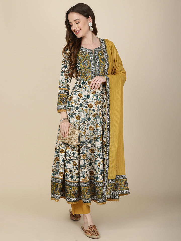 Floral Printed Cotton Kurta With Pants &amp; Dupatta