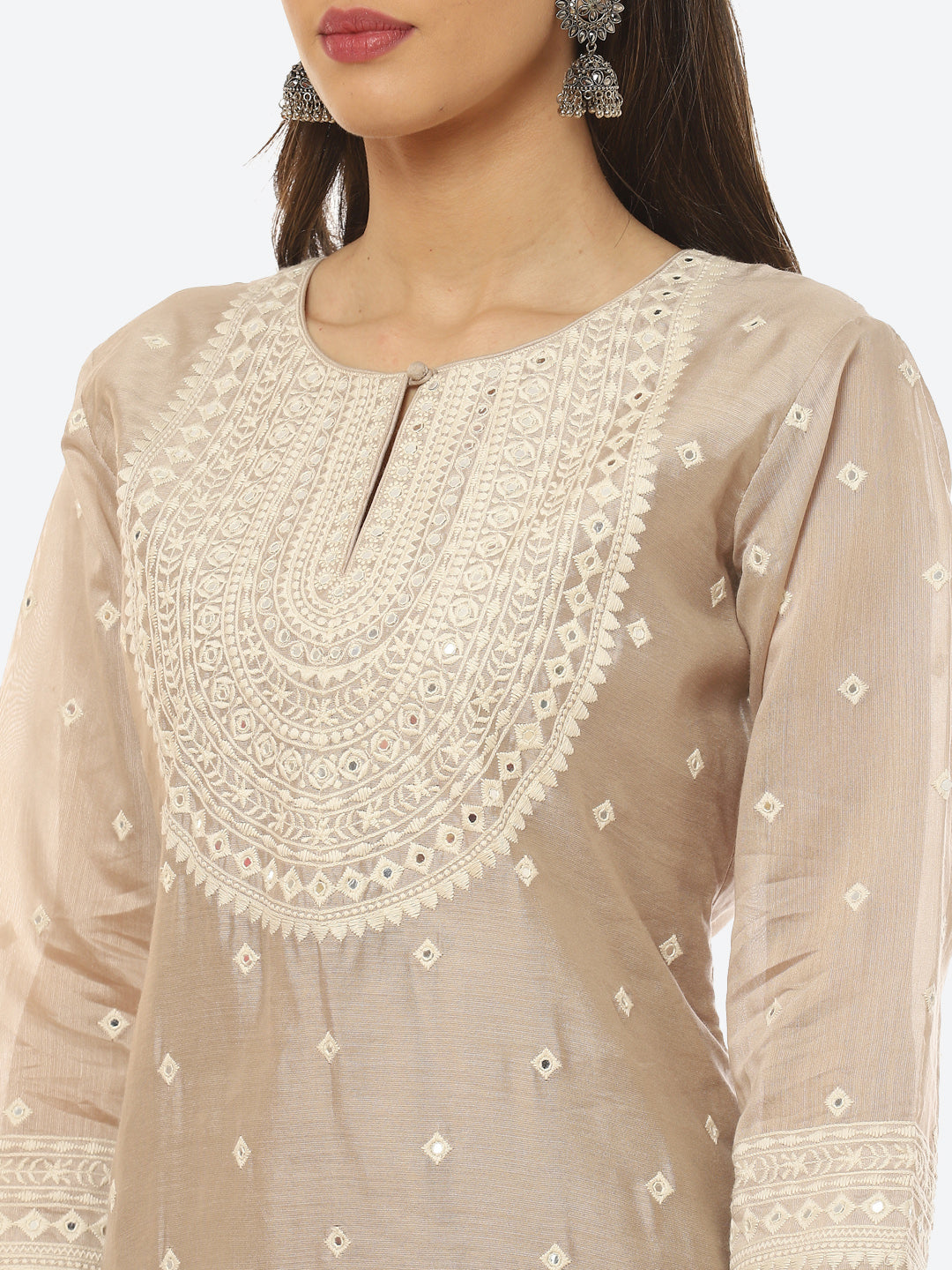 Resham Neck Booti Cotton Kurta With Pant &amp; Dupatta