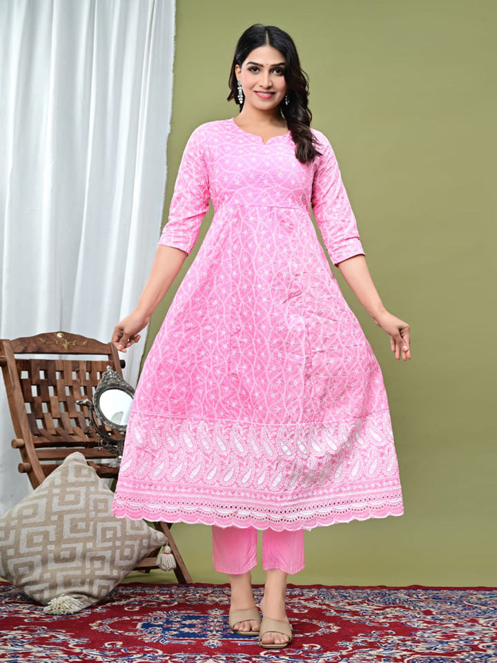 Embroidered Cotton Blend Kurta With Pant &amp; Dupatta