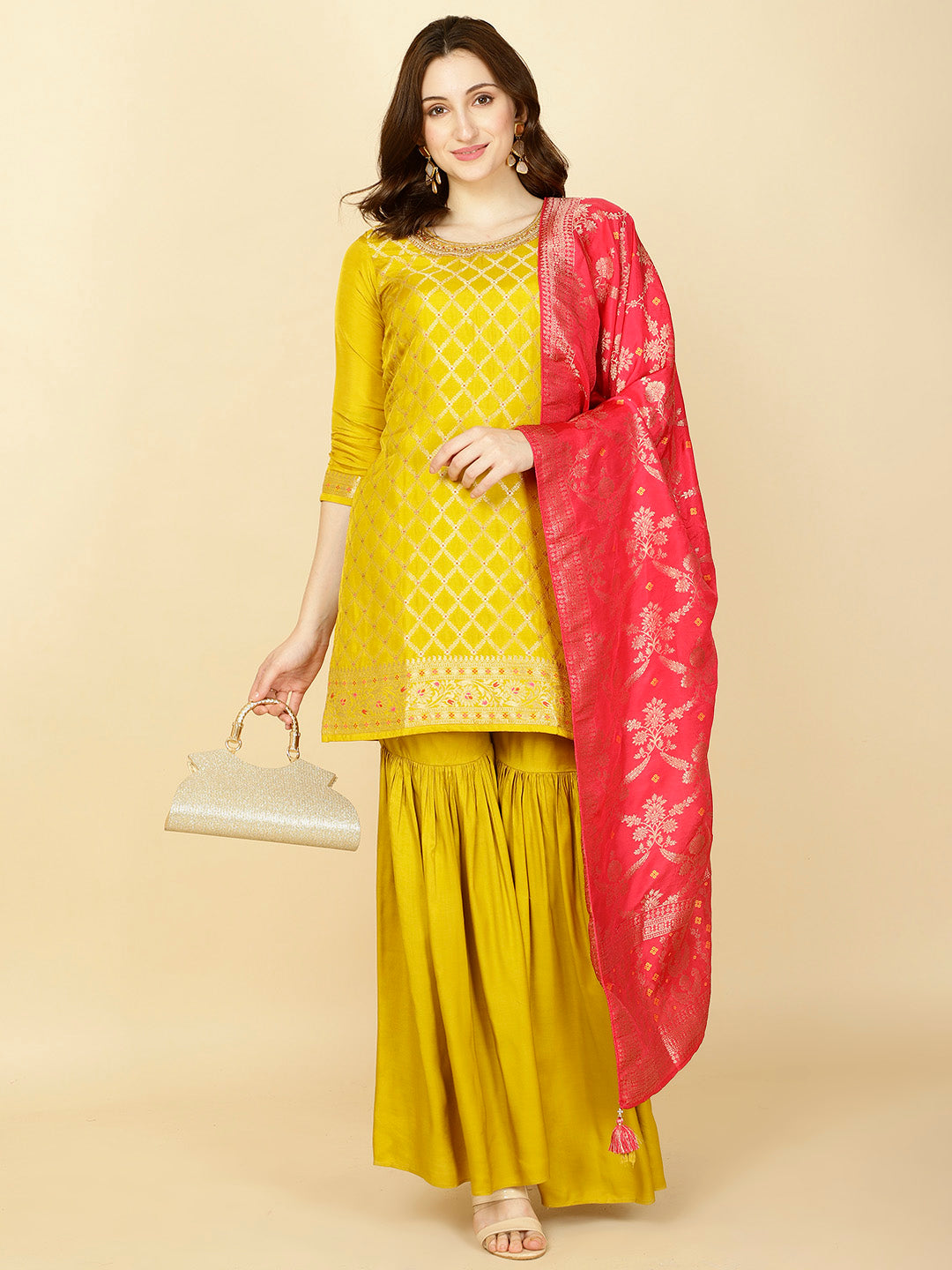 Woven Banarasi Kurti With Sharara &amp; Dupatta