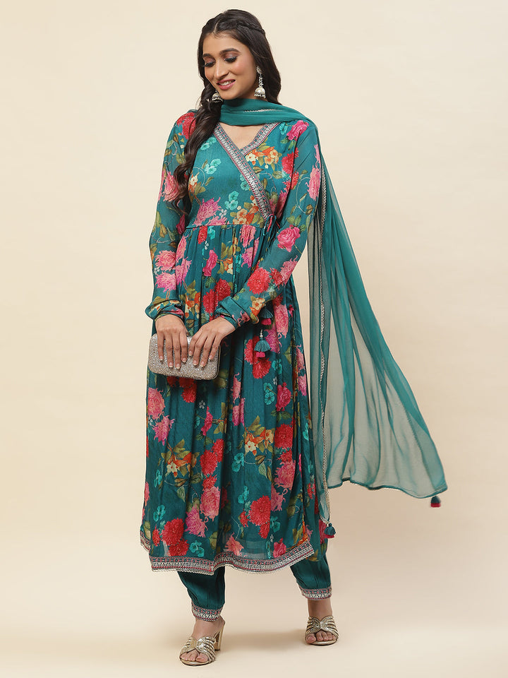 Floral Printed Chiffon Kurta With Pants &amp; Dupatta