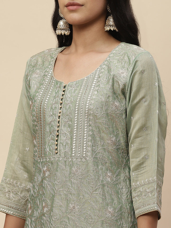 Zari Embroidered Cotton Kurta With Pants &amp; Dupatta