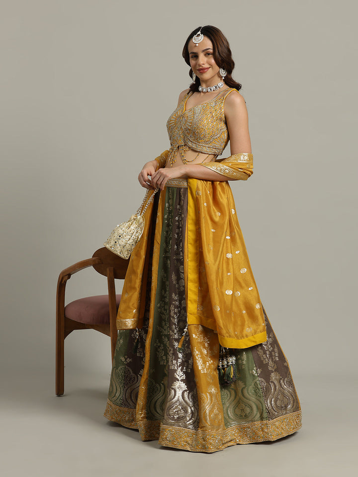 Embroidered Banarasi Choli With Lehenga &amp; Dupatta