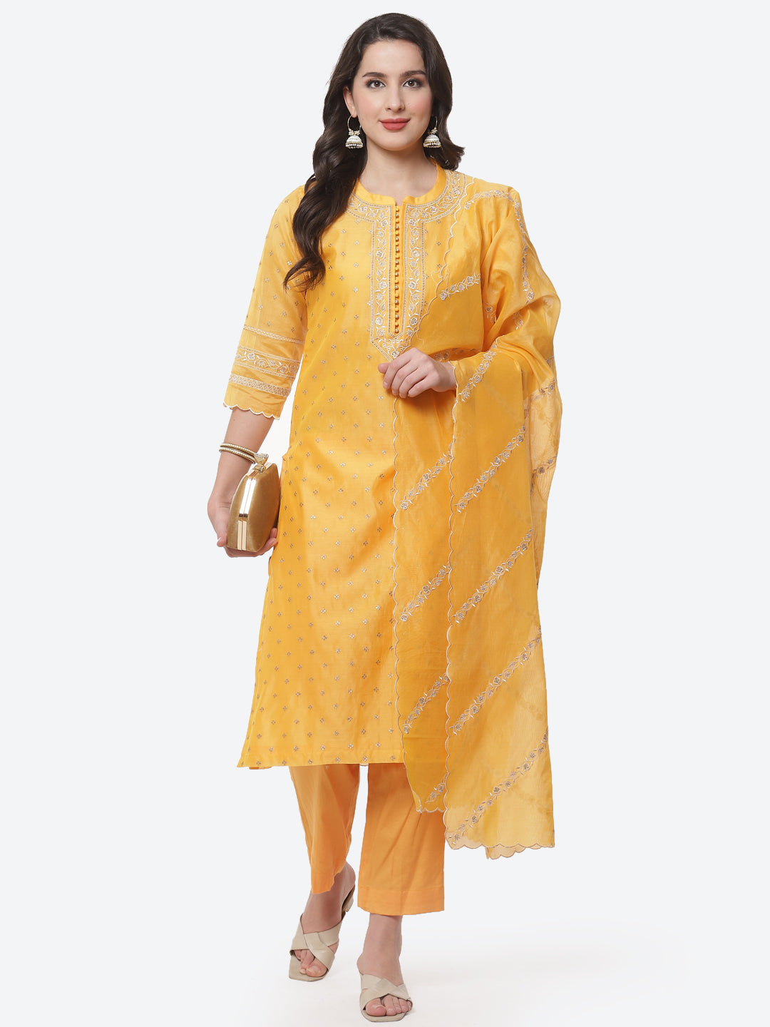 Resham Jaal Cotton Chanderi Stitched Salwar Kameez With Embroidered Dupatta