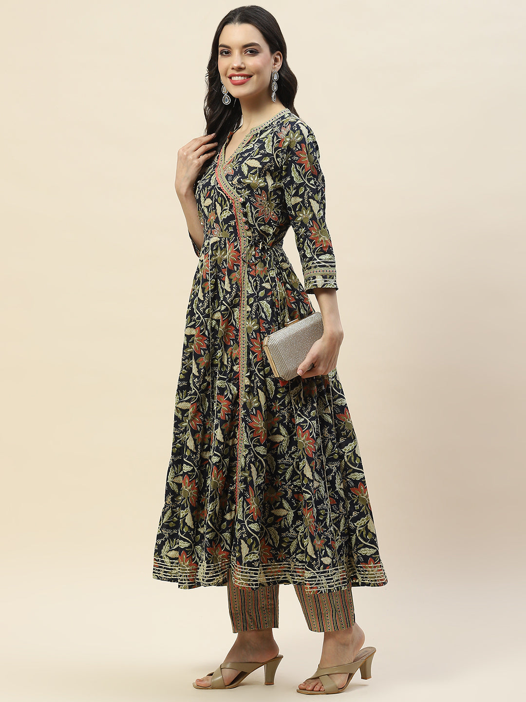 Printed Cotton Anarkali Kurta With Pants