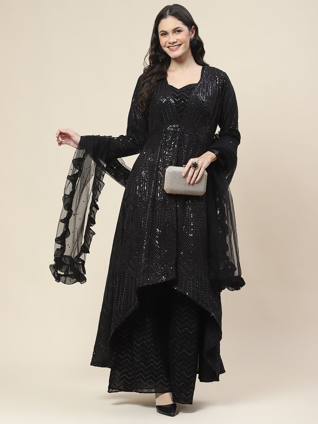 Sequin Embroidered Georgette Top Jacket With Palazzo &amp; Dupatta