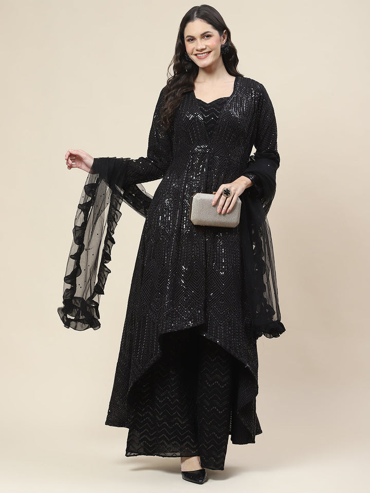 Sequin Embroidered Georgette Top Jacket With Palazzo &amp; Dupatta