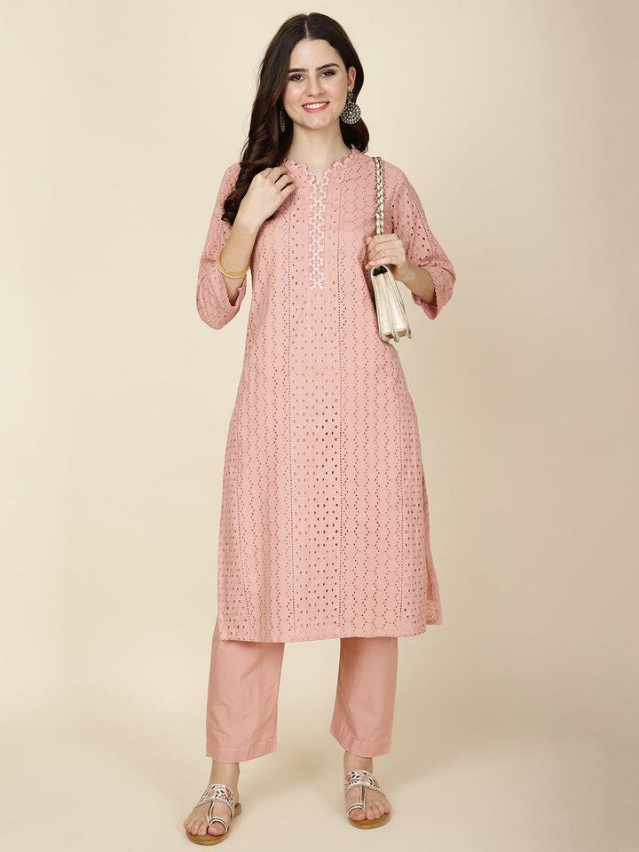 Thread Embroidery Cotton Kurta With Pants