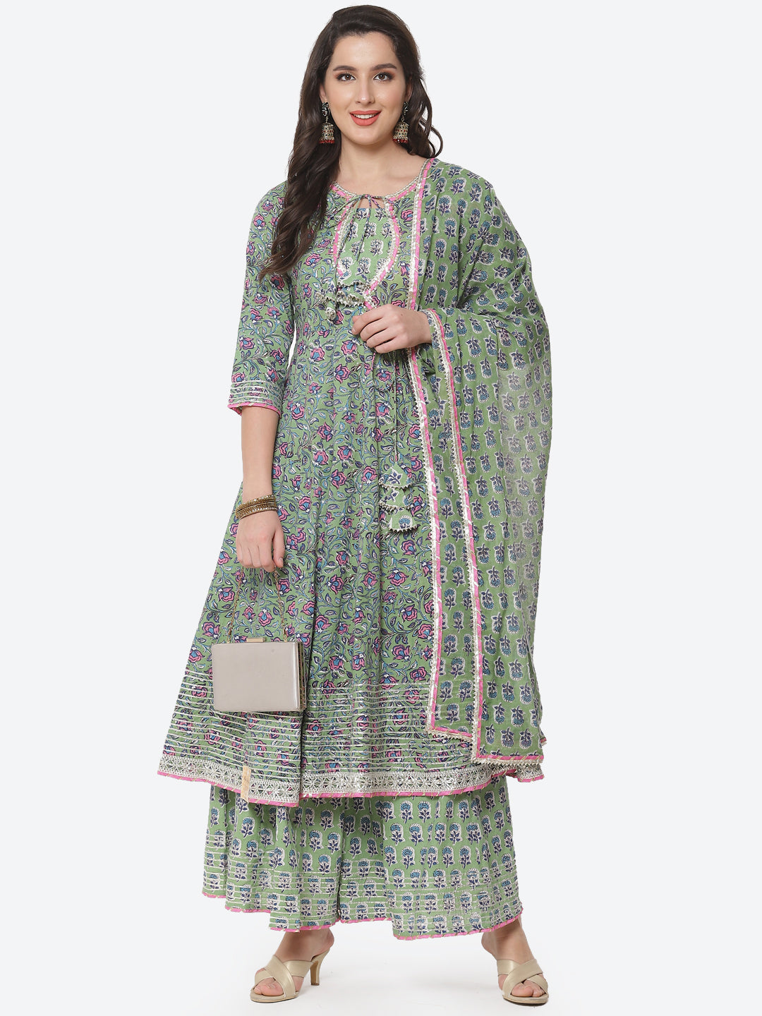 Block Printed Cotton Anarkali Kurti With Palazzo And Printed Dupatta