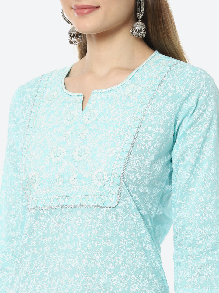 Resham Neck Booti Printed Cotton Kurta With Pant &amp; Cotton Dupatta