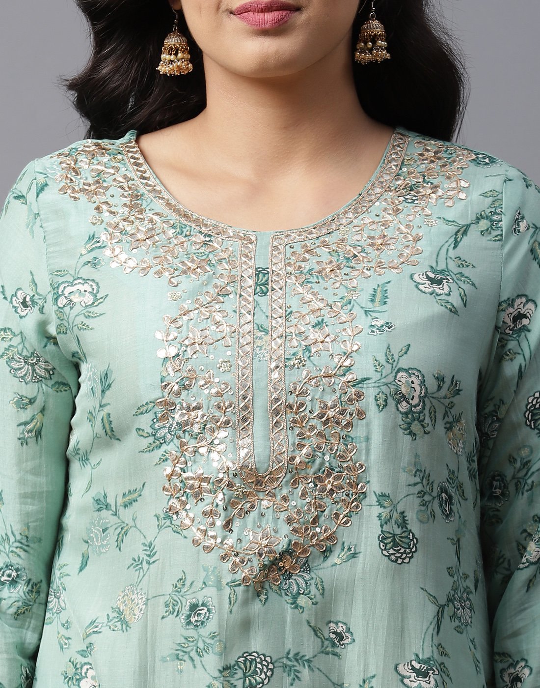 Printed Kurti Pant Set with Gota Yoke Embroidery