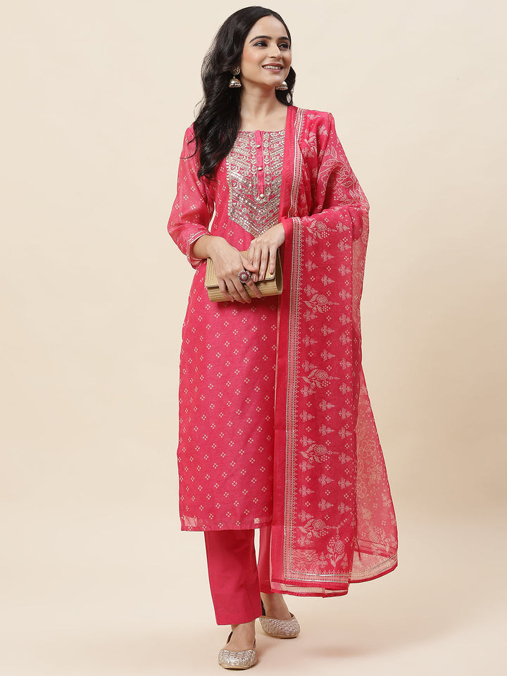 Bandhani Printed Chanderi Kurta With Pants &amp; Dupatta