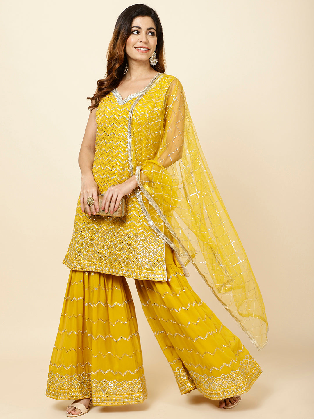 Embroidered Georgette Kurta With Garara &amp; Dupatta
