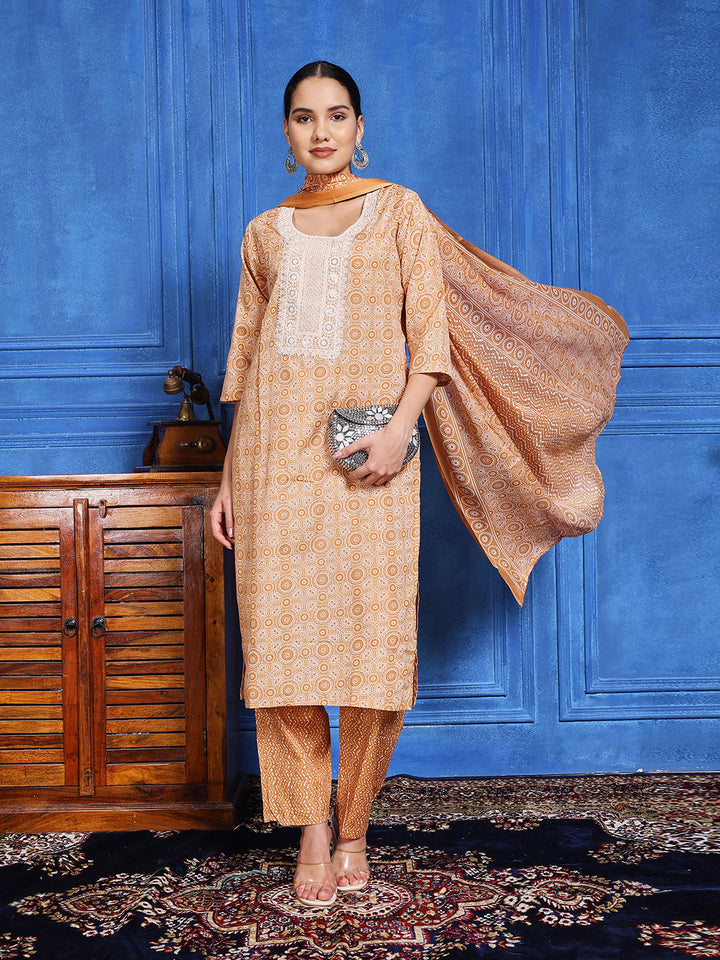 Floral Printed Cotton Kurta With Pants &amp; Dupatta