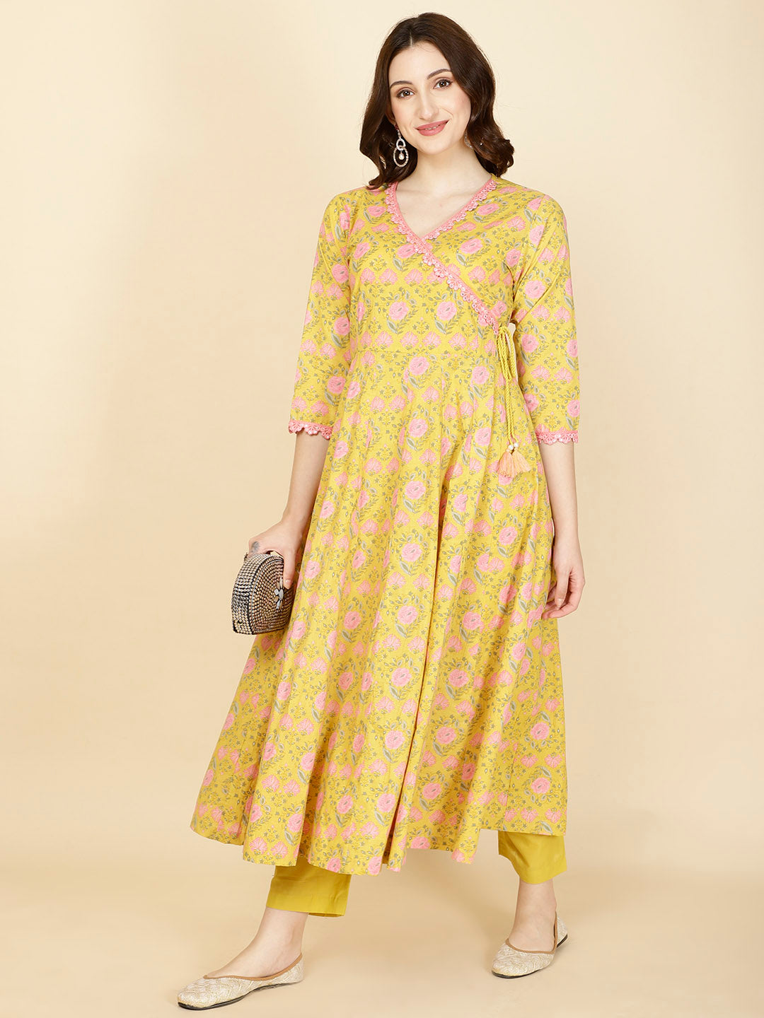 Floral Printed Cotton Anarkali Kurta With Pants