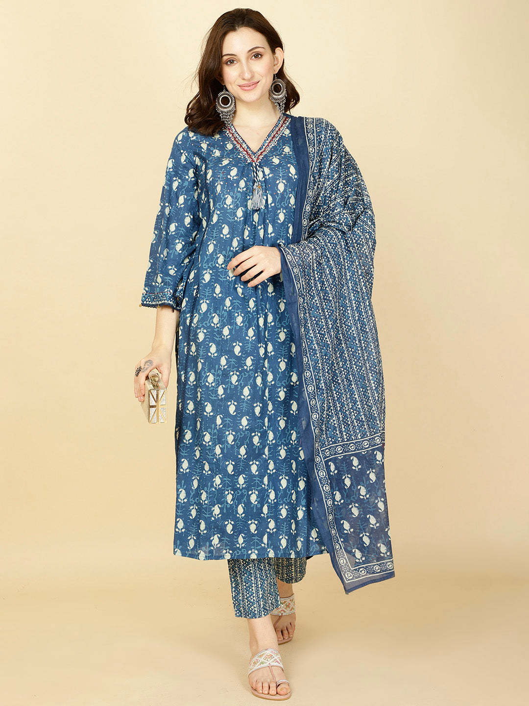 Paisley Printed Cotton Kurta With Pants & Dupatta