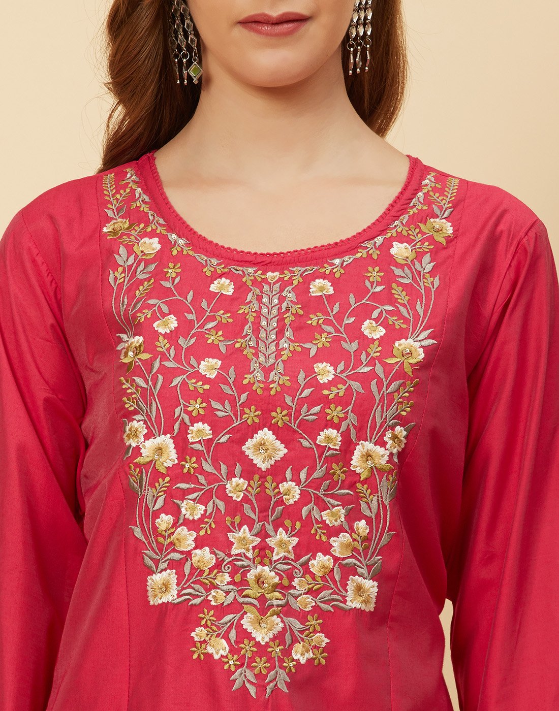 Embroidered Chanderi Kurti With Pant