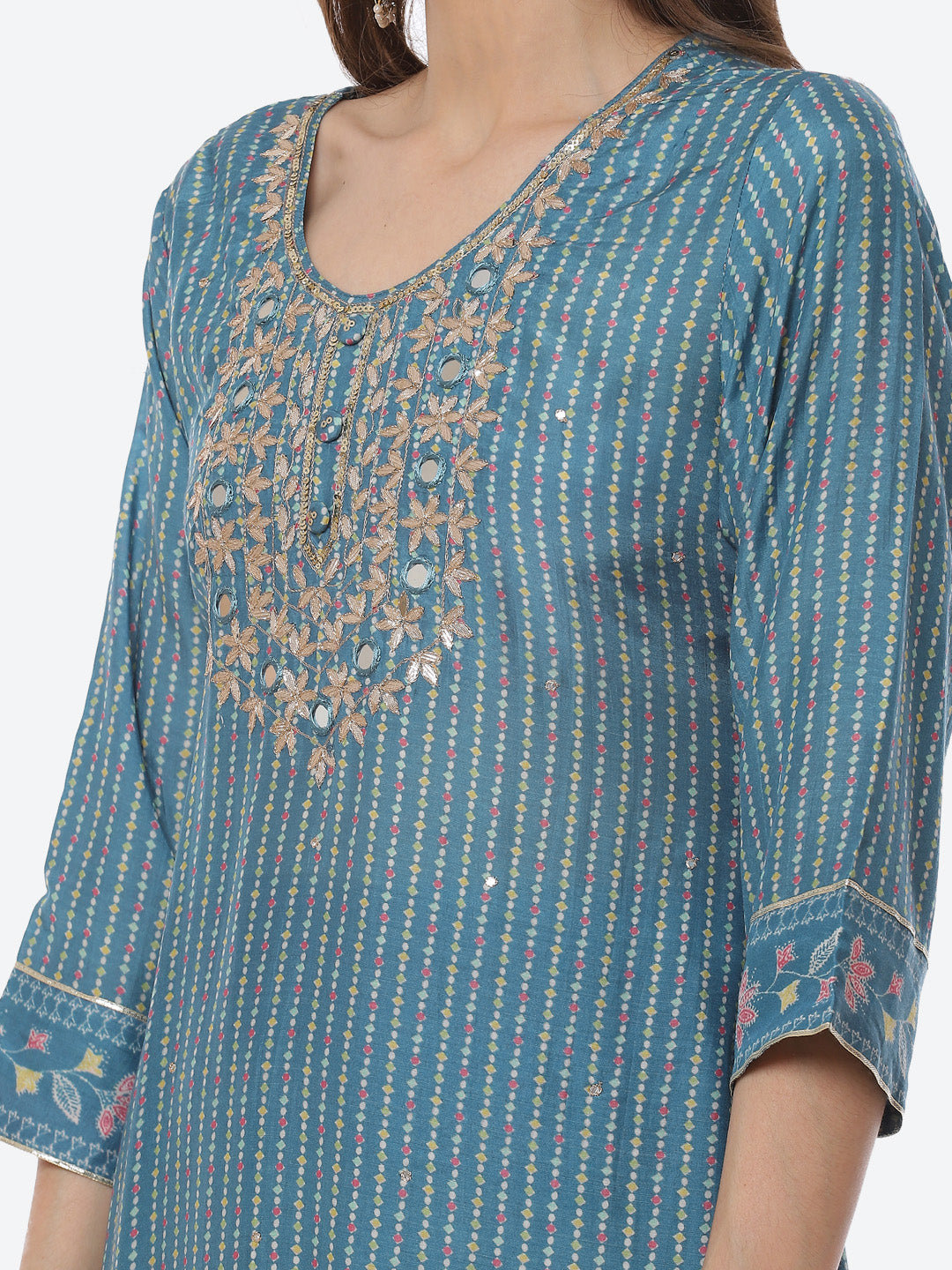 Mirror Work & Printed Muslin Kurta With Pant & Chiffon Dupatta