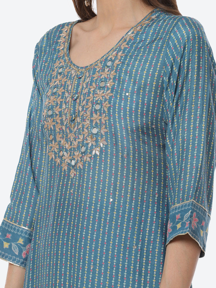 Mirror Work &amp; Printed Muslin Kurta With Pant &amp; Chiffon Dupatta