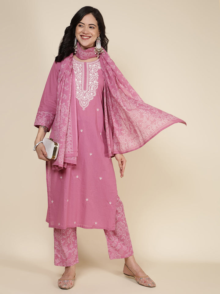 Embroidered Cotton Blend Kurta With Pants &amp; Dupatta