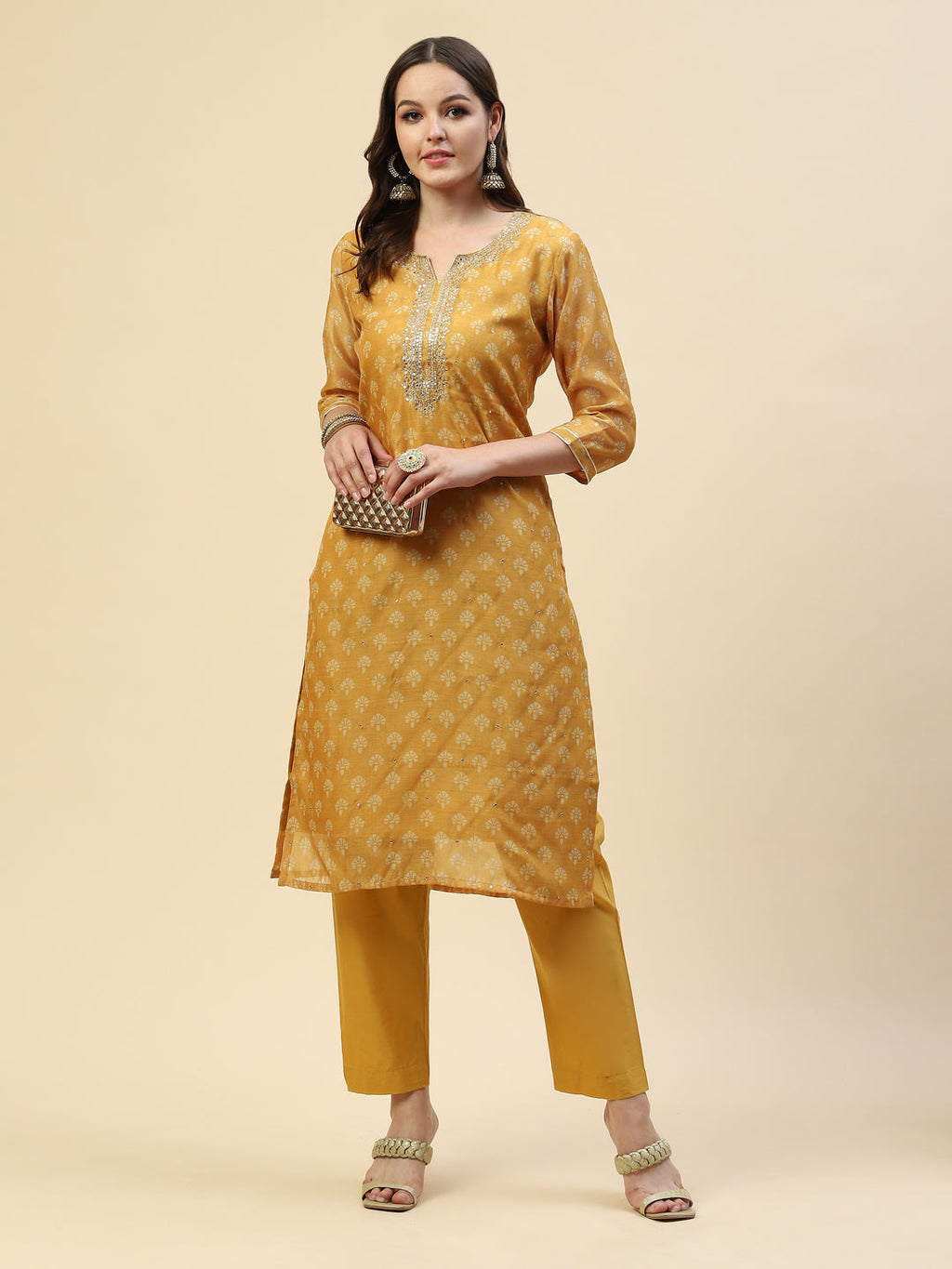 Neck Embroidered Chanderi Kurta With Pants
