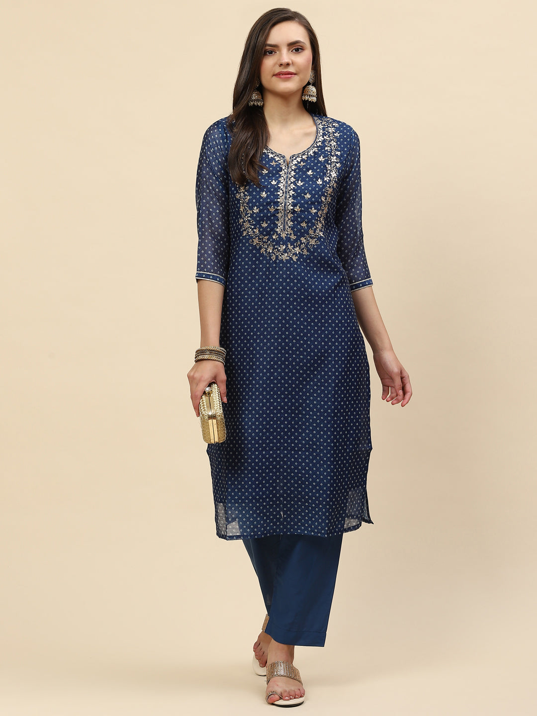 Gota Work &amp; Printed Chanderi Kurta With Pants