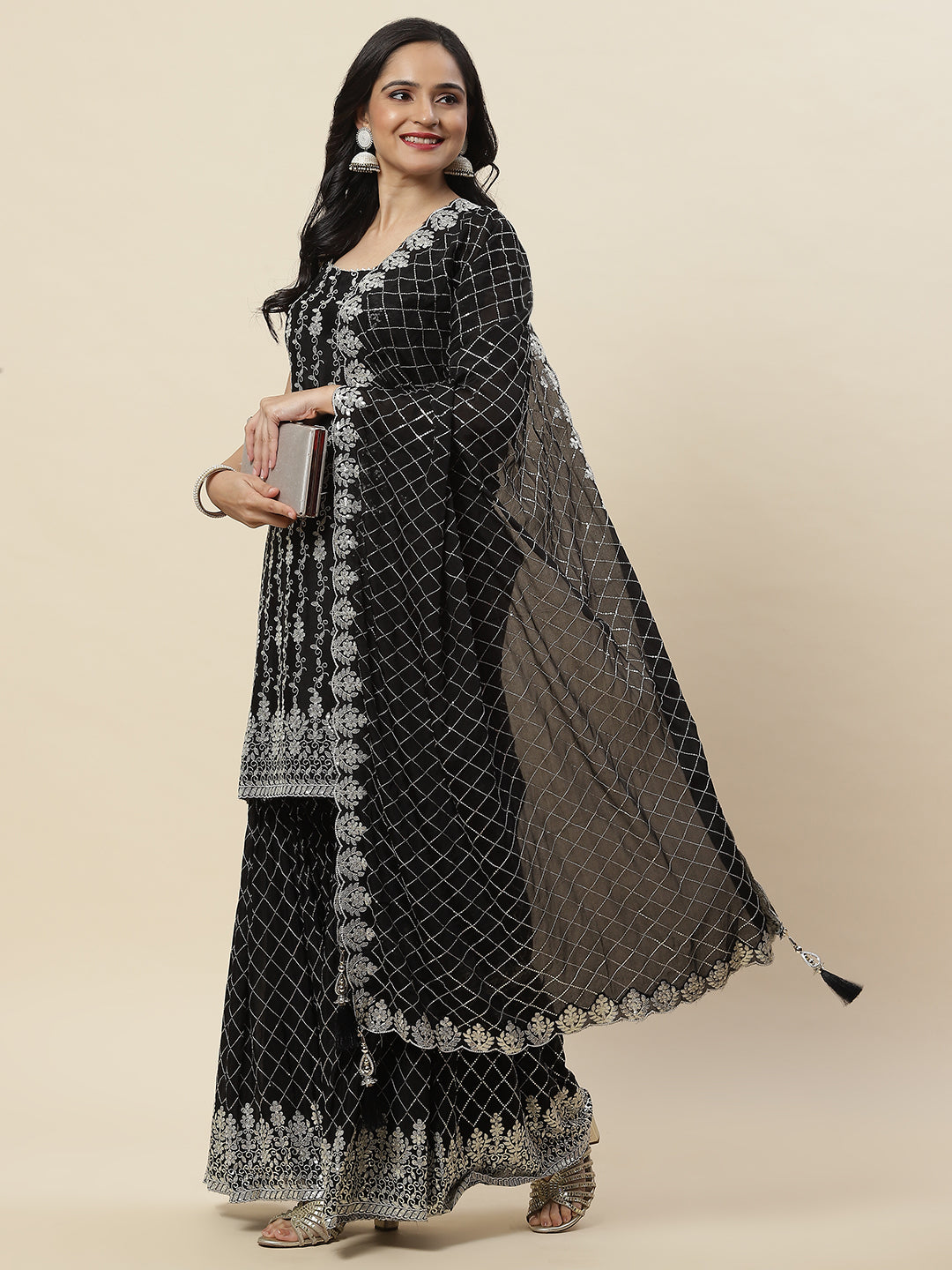 Sequin Embroidered Crepe Kurti With Garara &amp; Dupattta