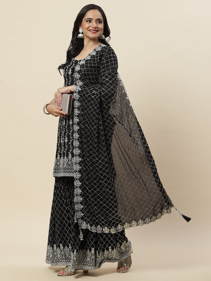 Sequin Embroidered Crepe Kurti With Garara &amp; Dupattta