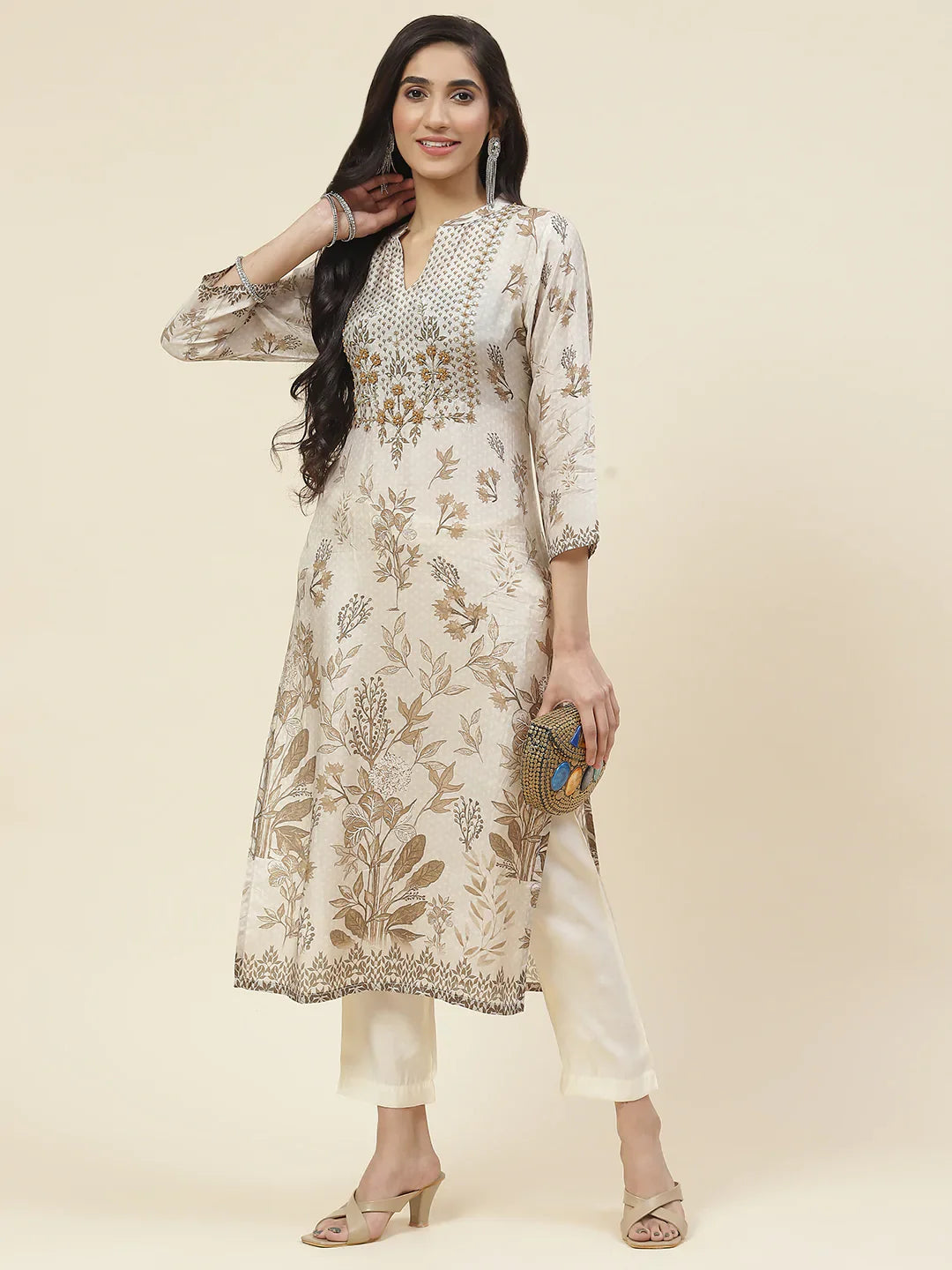 Printed With Yoke Embroidered Muslin Kurta