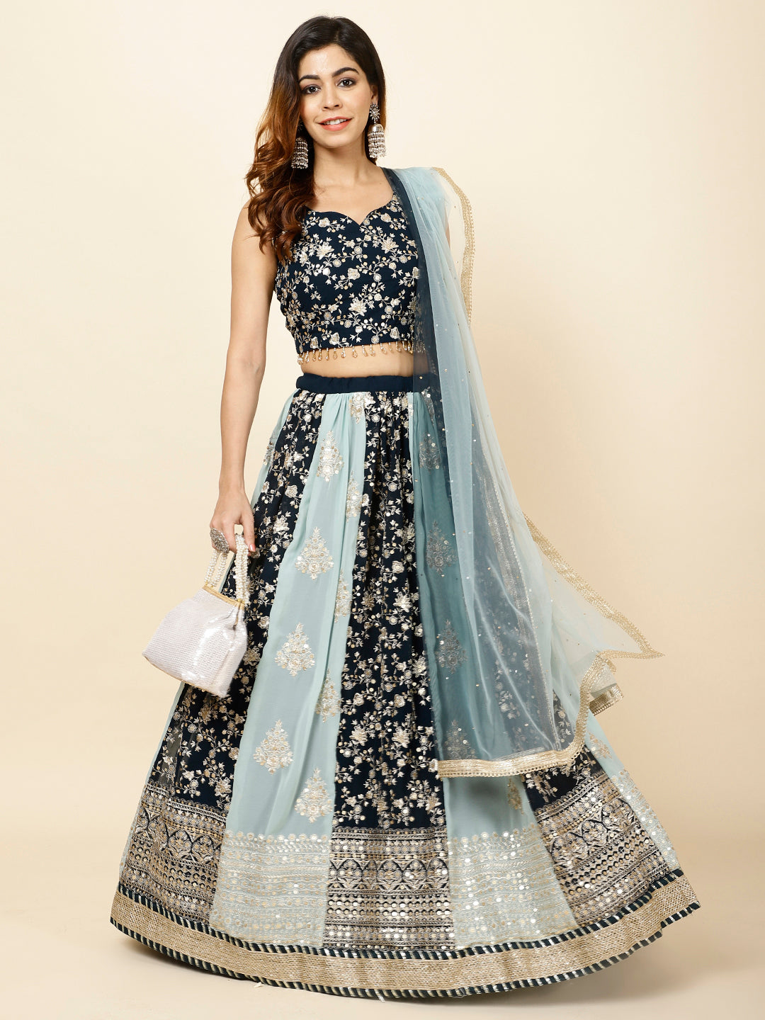 Zari Embroidered Georgette Choli With Lehenga &amp; Dupatta