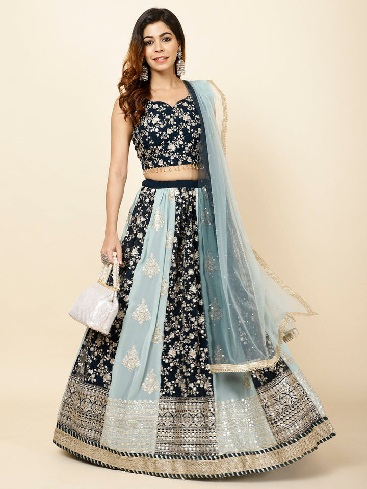 Zari Embroidered Georgette Choli With Lehenga &amp; Dupatta