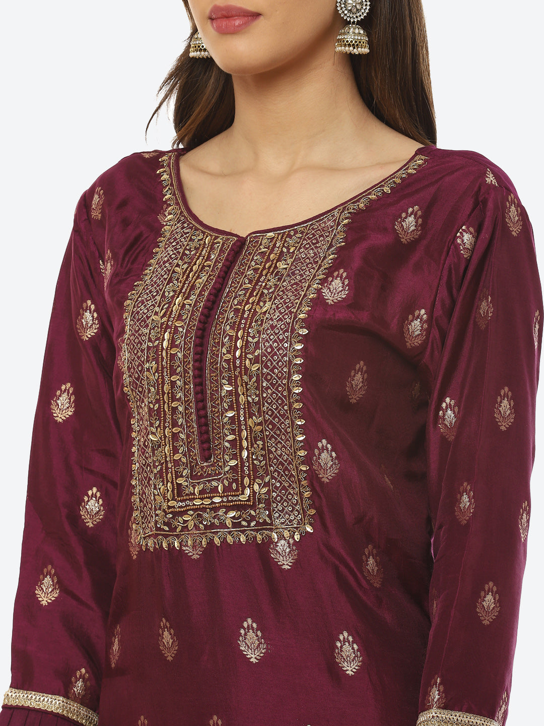 Zari Booti Neck Zari Embroidered Handloom Kurta With Palazzo &amp; Dupatta