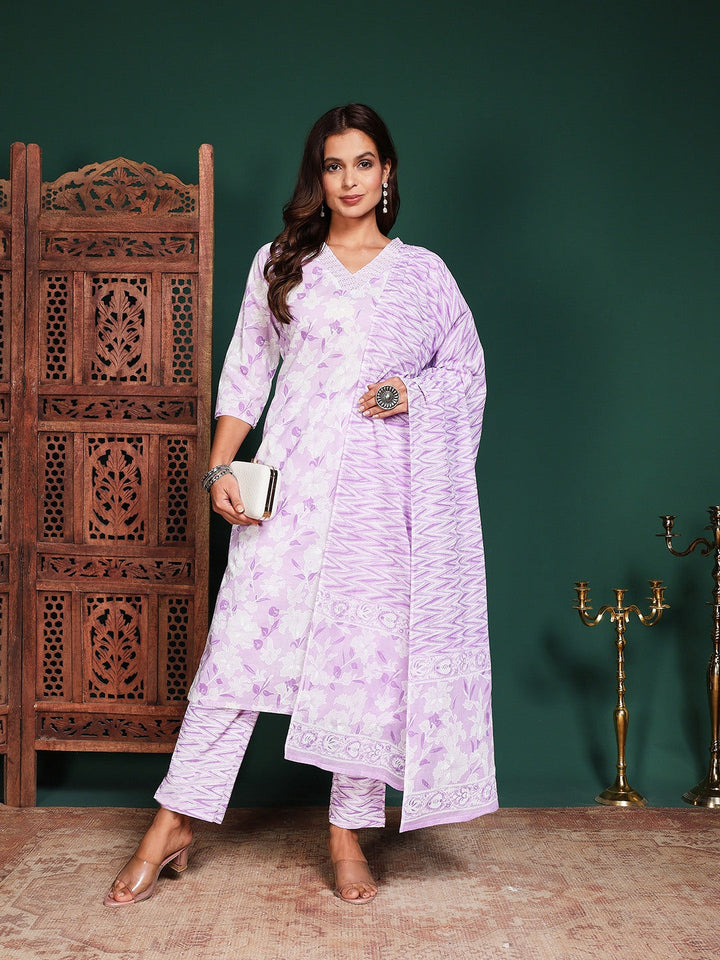 Printed Cotton Blend Kurta With Pant &amp; Dupatta