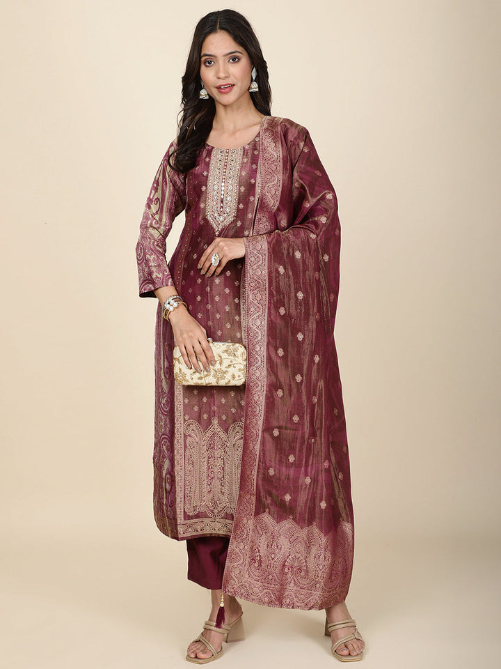 Neck Embroidery Tissue Kurta With Pants &amp; Dupatta