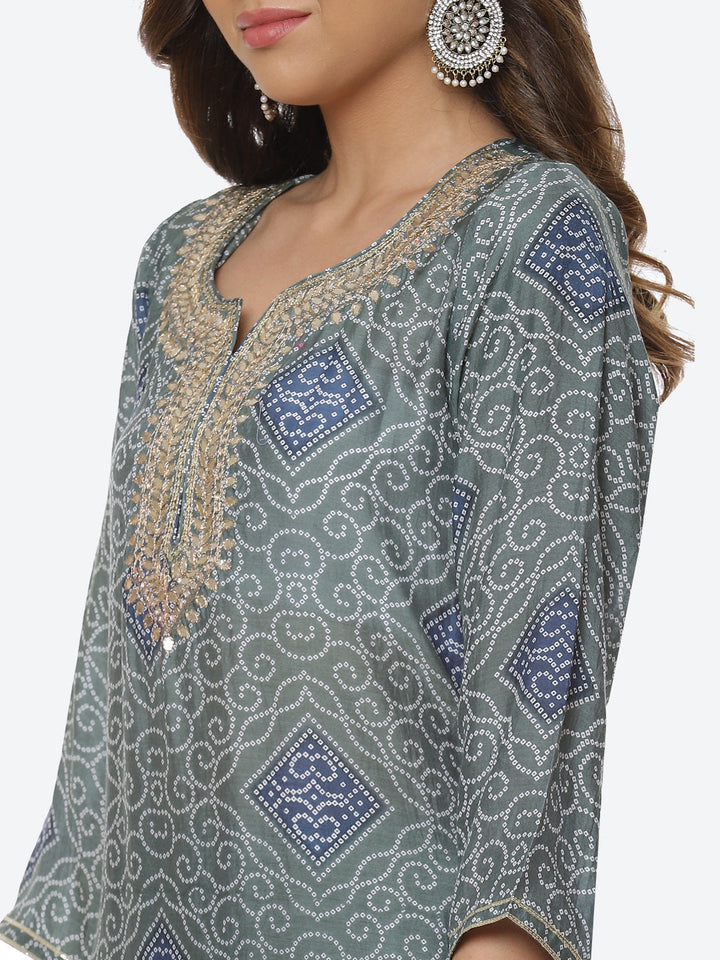 Printed Gota Neck Cotton Kurta With Pant &amp; Dupatta