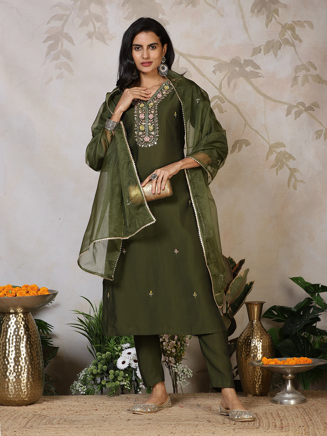 Embroidered Cotton Blend Kurta With Pants &amp; Dupatta