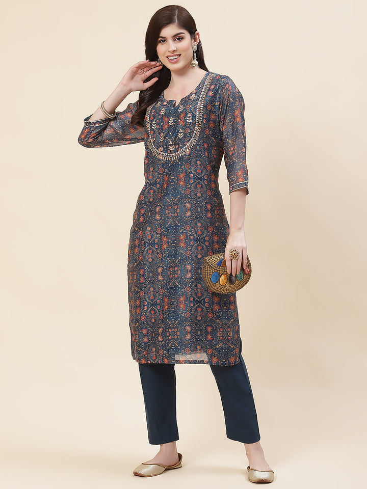 Printed Chanderi Kurta With Pants